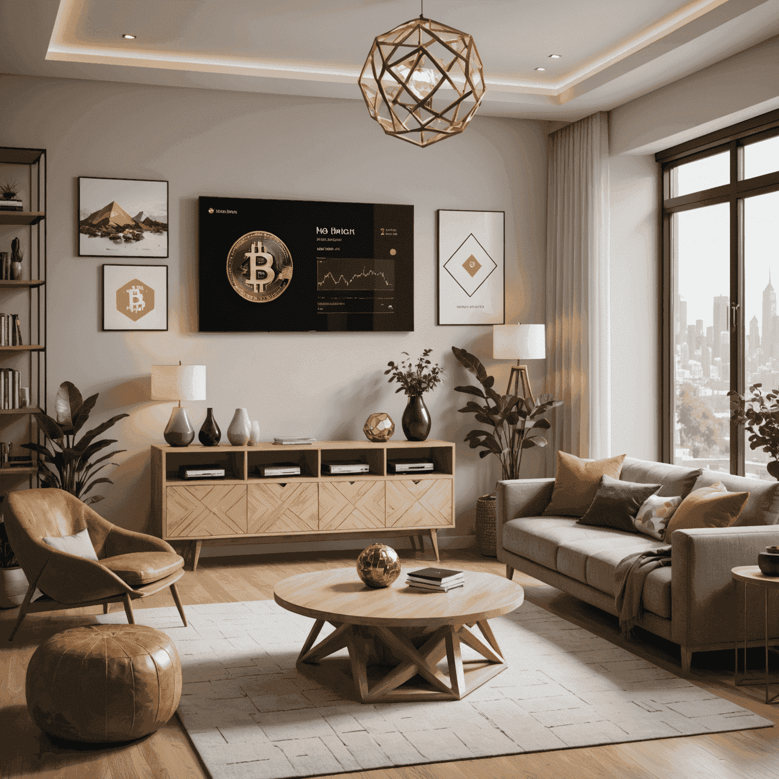 A modern living room with geometric furniture, Bitcoin-inspired art, and integrated smart home displays showing real-time crypto market data