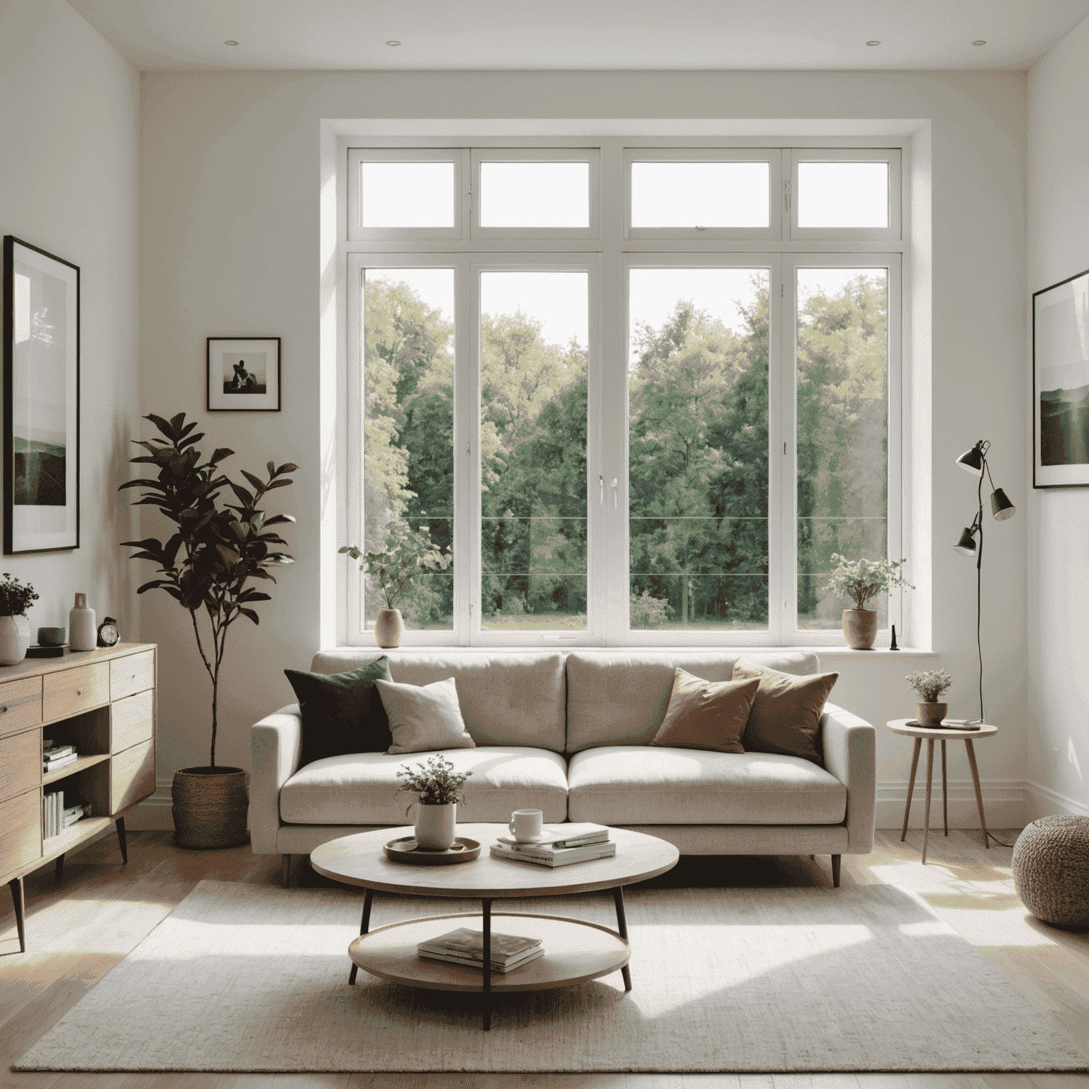 A clean, bright living room with white walls, wooden floors, and simple furniture. A large window lets in natural light, illuminating a sleek sofa, minimalist coffee table, and a few carefully chosen decorative items.