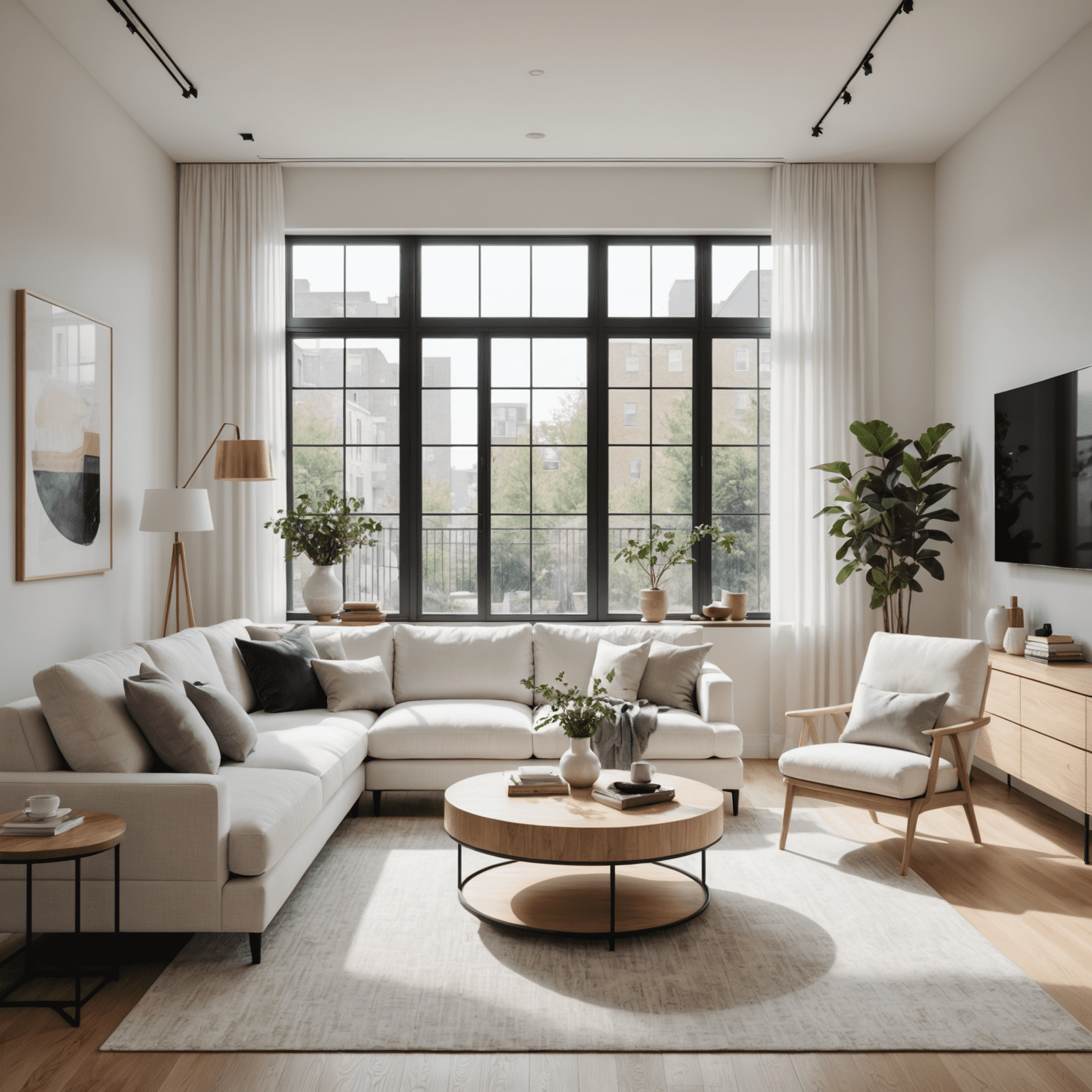 A spacious living room with clean lines, light wood furniture, and large windows allowing natural light to flood the space. The room features a minimalist white sofa, a sleek coffee table, and subtle Bitcoin-inspired artwork on the walls.