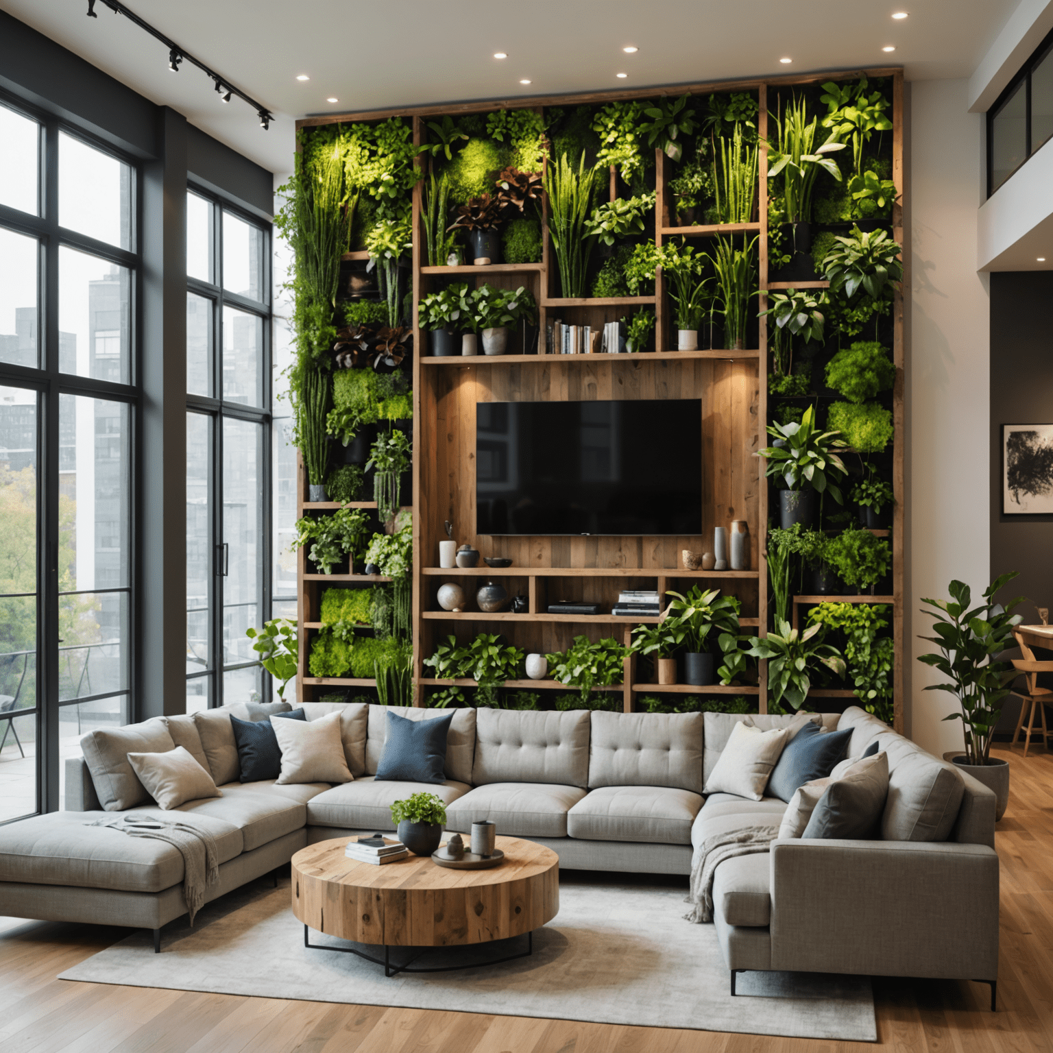 A modern living room with large windows, featuring sustainable furniture made from reclaimed wood, energy-efficient LED lighting, and a vertical garden wall. The room showcases a perfect blend of eco-friendly materials and sleek design, embodying the essence of sustainable living.