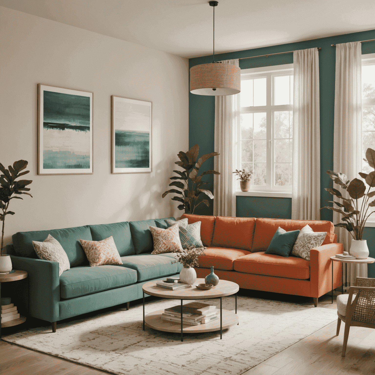 A split-screen image showing two contrasting room designs: one with warm, energizing colors and another with cool, calming tones. The rooms showcase how different color schemes can influence the atmosphere of a space.