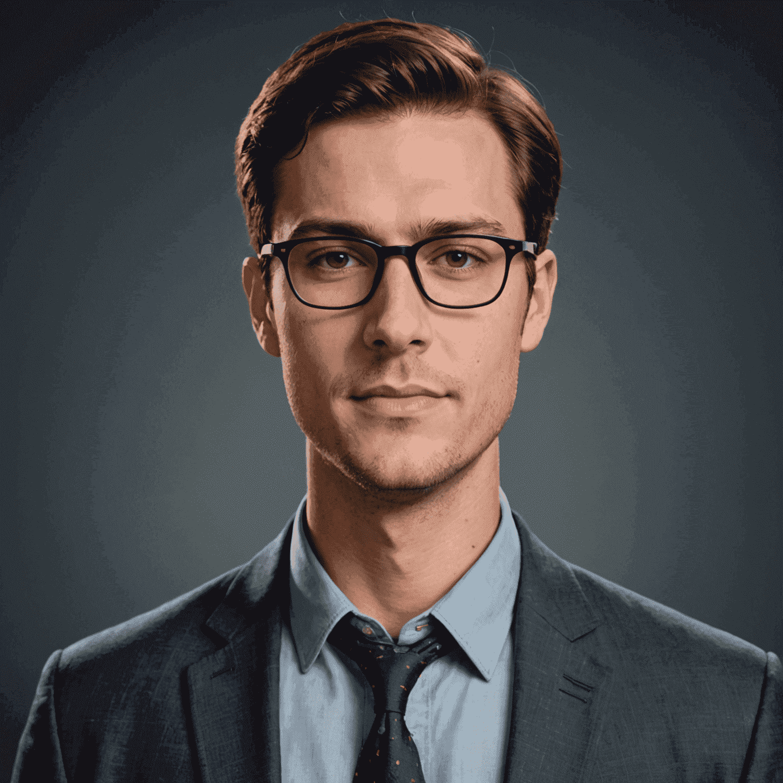 Portrait of Max Schmidt, technology integration specialist at BtcBulls Home Design. He has dark hair and glasses, wearing a smart casual outfit with a tech-inspired pin on his lapel.