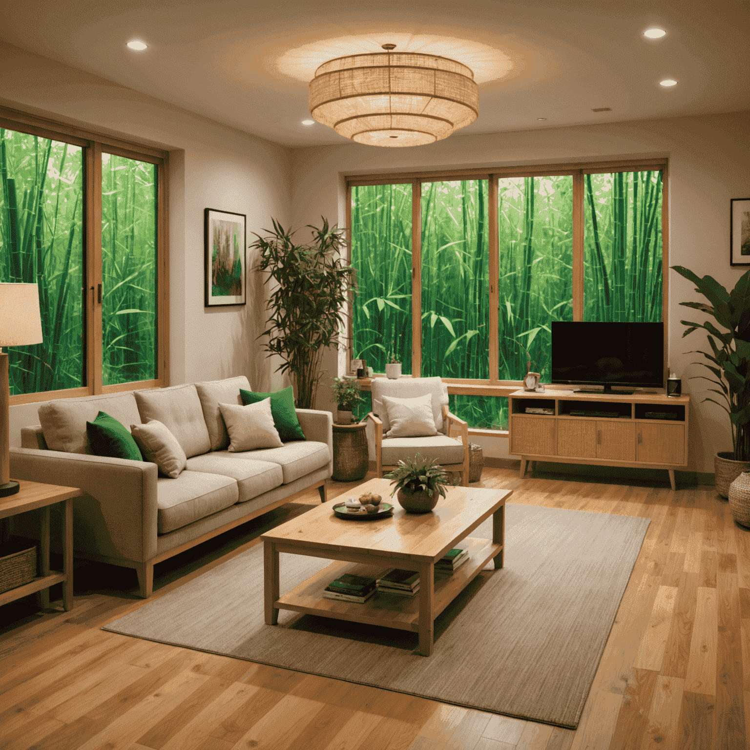 An eco-friendly living room featuring sustainable materials. Bamboo flooring, recycled glass coffee table, and energy-efficient LED lighting. Large plants in corners purify the air.