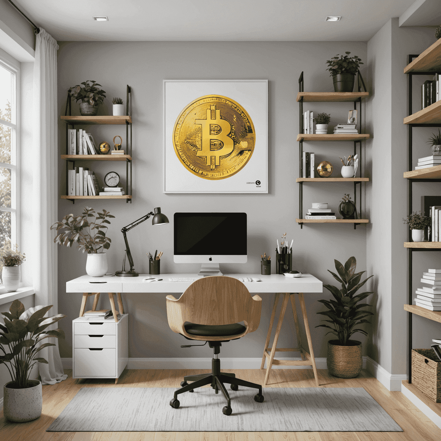 A Scandinavian-inspired home office featuring a sleek white desk, ergonomic chair, and floating shelves. A subtle Bitcoin logo art piece hangs on the wall, blending crypto enthusiasm with minimalist design.