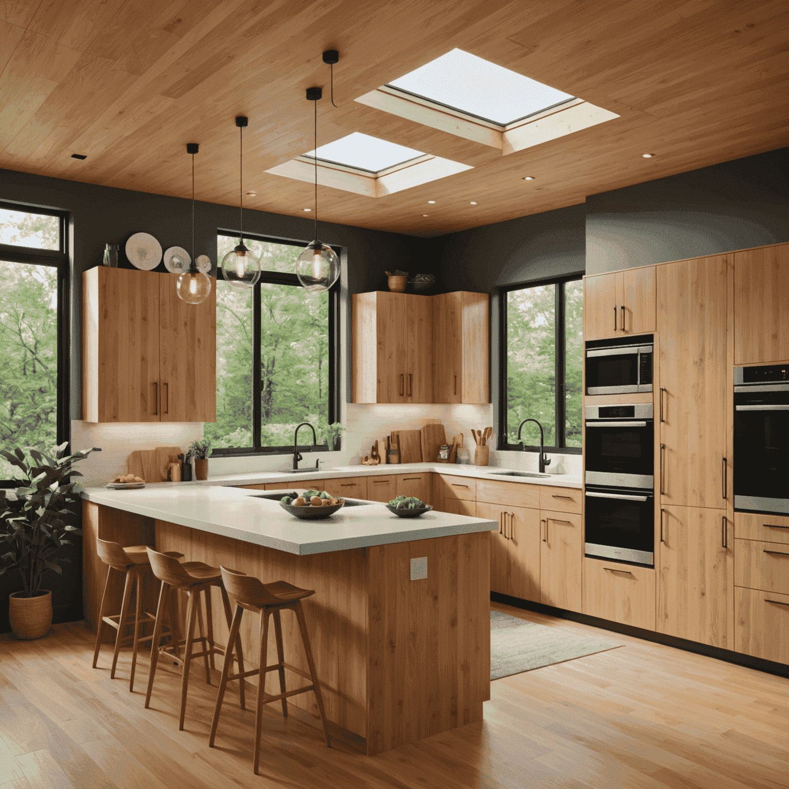 A sleek, modern kitchen featuring energy-efficient appliances, smart home controls, and sustainable materials. The space includes countertops made from recycled materials, bamboo cabinetry, and a large skylight providing natural illumination. A tablet on the counter displays real-time energy consumption data.