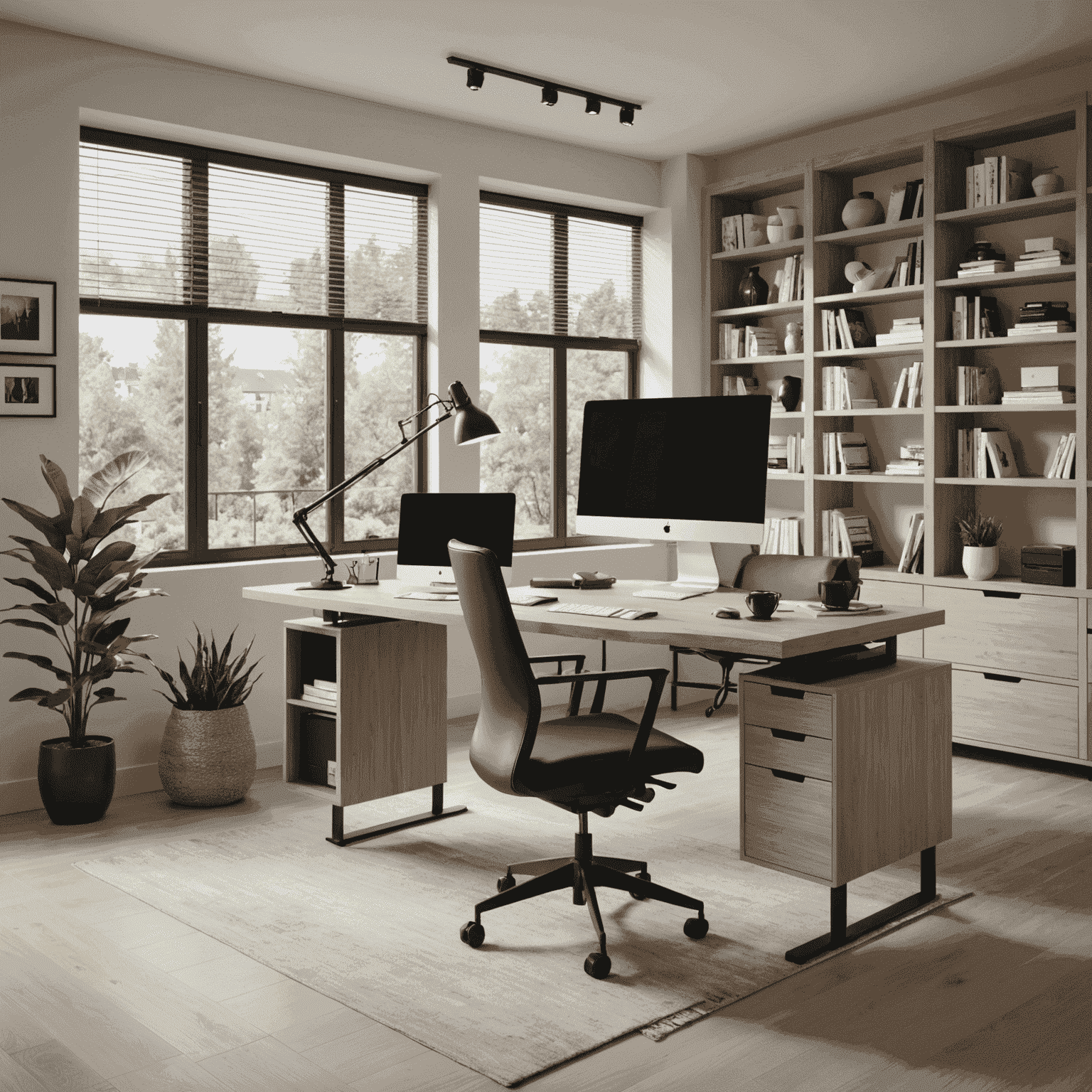 A meticulously organized home office space featuring German-designed furniture, including an ergonomic chair and a sleek desk with integrated smart technology. The room showcases perfect cable management and a large window offering natural light.