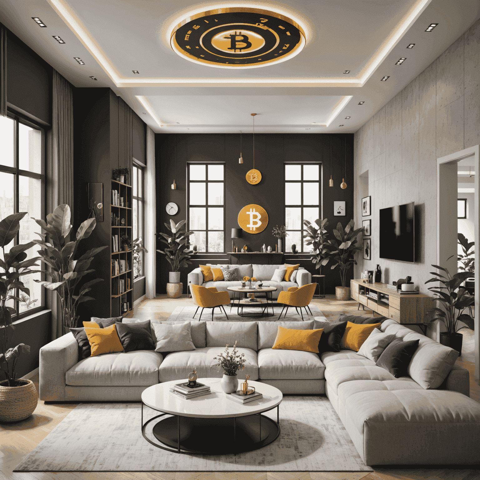 A modern, open-concept living space with people gathered around, discussing cryptocurrency and admiring the Bitcoin-inspired interior design