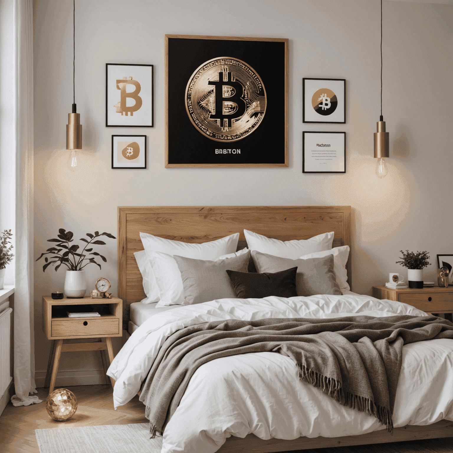 A cozy Scandinavian bedroom with crisp white linens, light wood accents, and a striking piece of blockchain-inspired art above the bed. A smart display on the bedside table shows current Bitcoin prices.