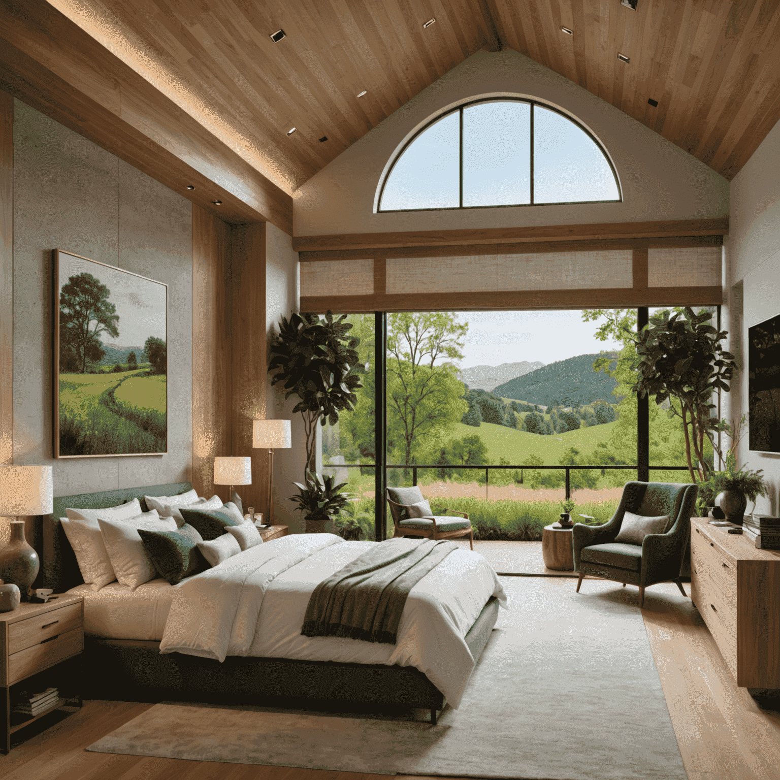 A luxurious bedroom showcasing eco-friendly design elements. The room features a bed made from sustainable materials, organic bedding, and a large picture window offering views of a green landscape. Smart home controls are subtly integrated into the nightstand, and a living wall adds a touch of nature to the space.