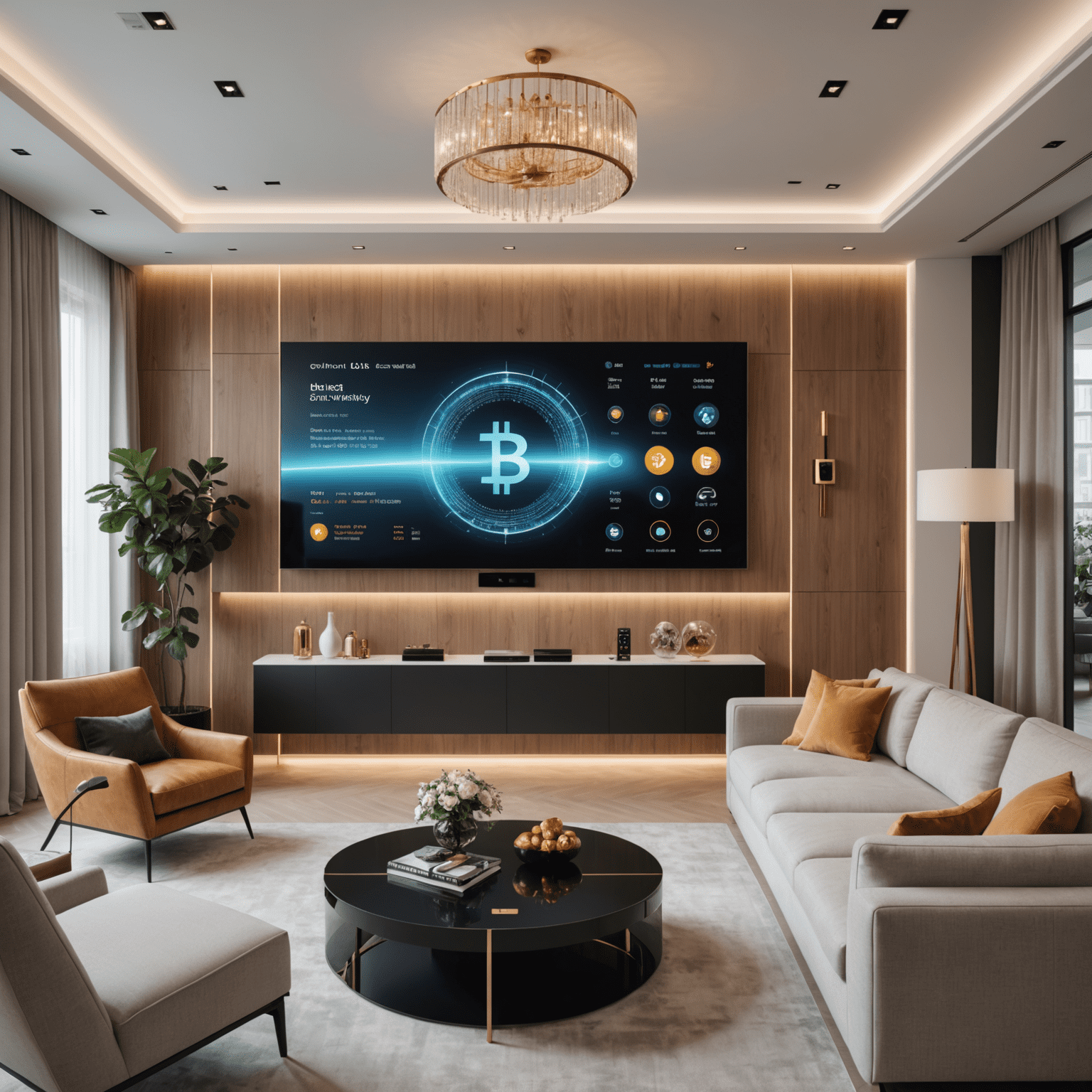 A luxurious living room designed with German precision, featuring a modular sofa system, smart home controls integrated into sleek wall panels, and a large digital art display showing real-time cryptocurrency market data.