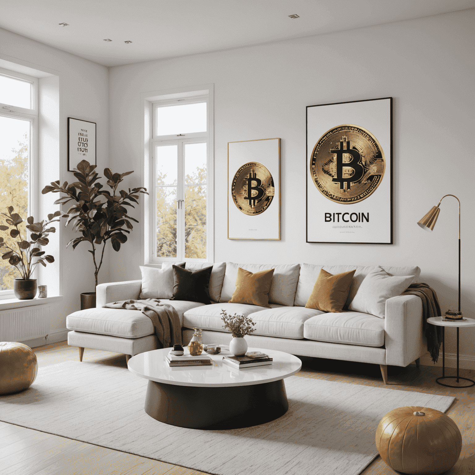 A clean, white living room with sleek furniture, large windows, and subtle Bitcoin-themed artwork on the wall. The room showcases the essence of Scandinavian design with a cryptocurrency twist.