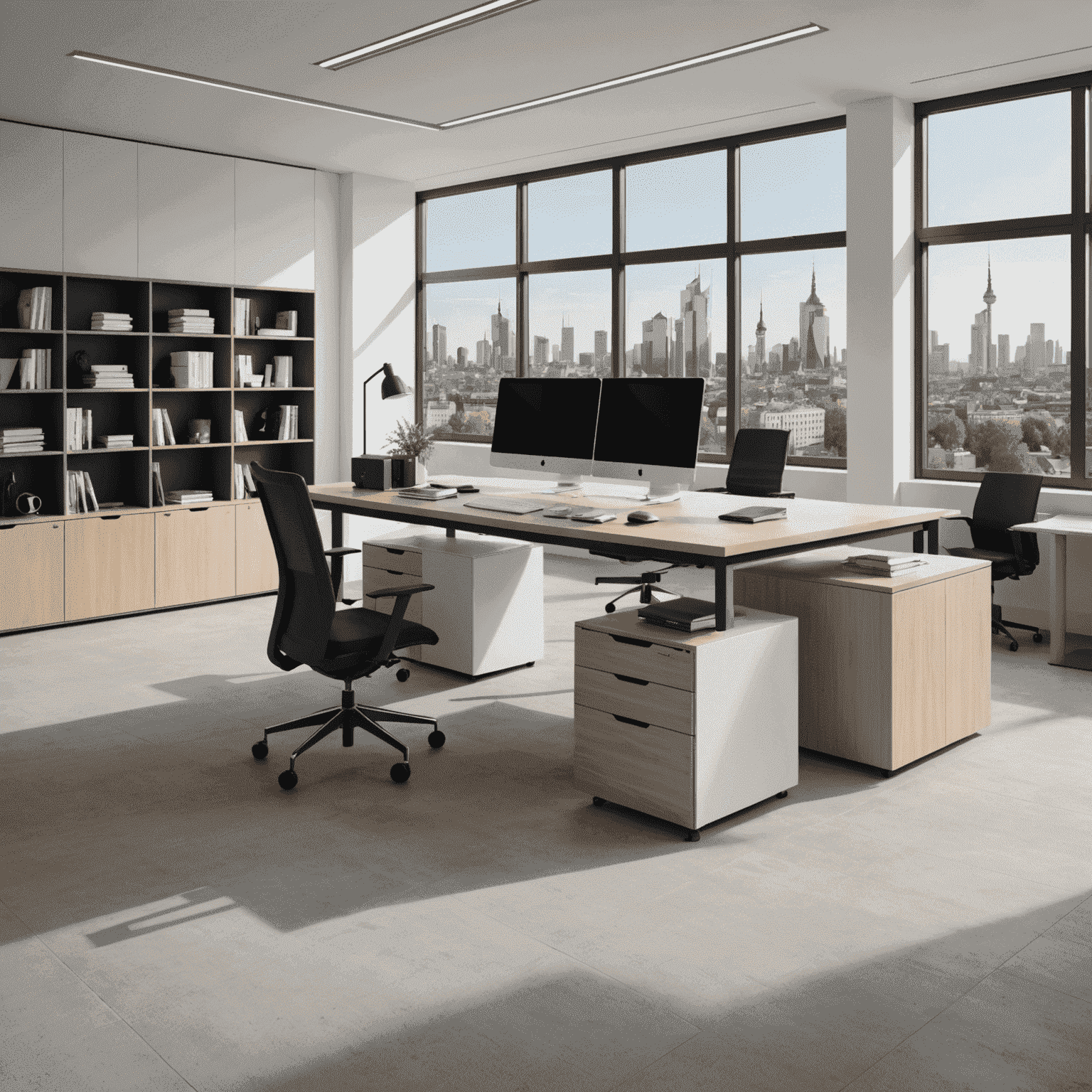 A sleek, modern office space showcasing German design precision. Clean lines, high-quality materials, and innovative storage solutions. Large windows overlook a German cityscape.