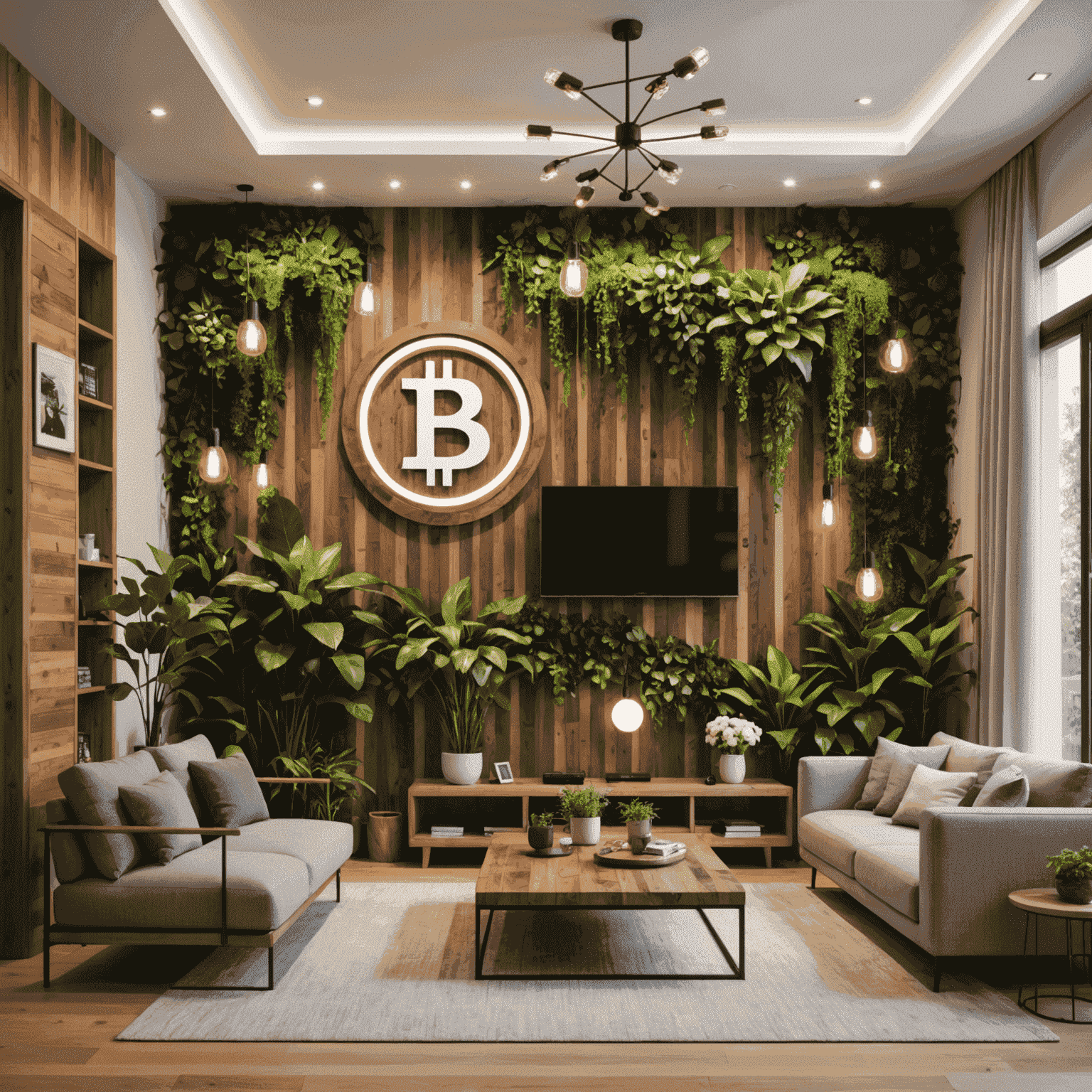 A modern living room with sustainable materials, featuring recycled wood furniture, energy-efficient lighting, and a vertical garden wall with a subtle Bitcoin logo integrated into the design.