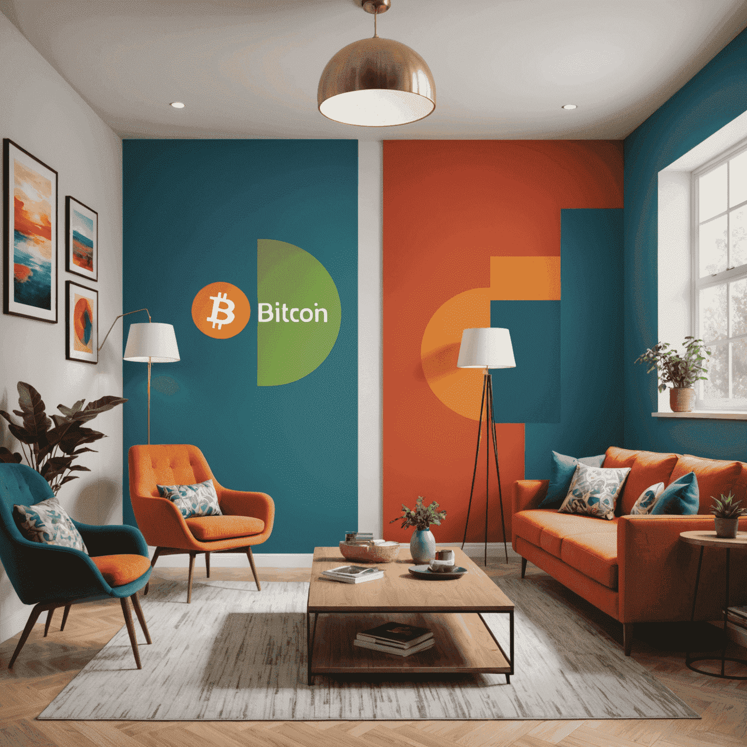 A split-screen image showing different room designs. One side features warm, energizing colors like red and orange, while the other shows cool, calming blues and greens. Bitcoin-inspired artwork subtly incorporated.