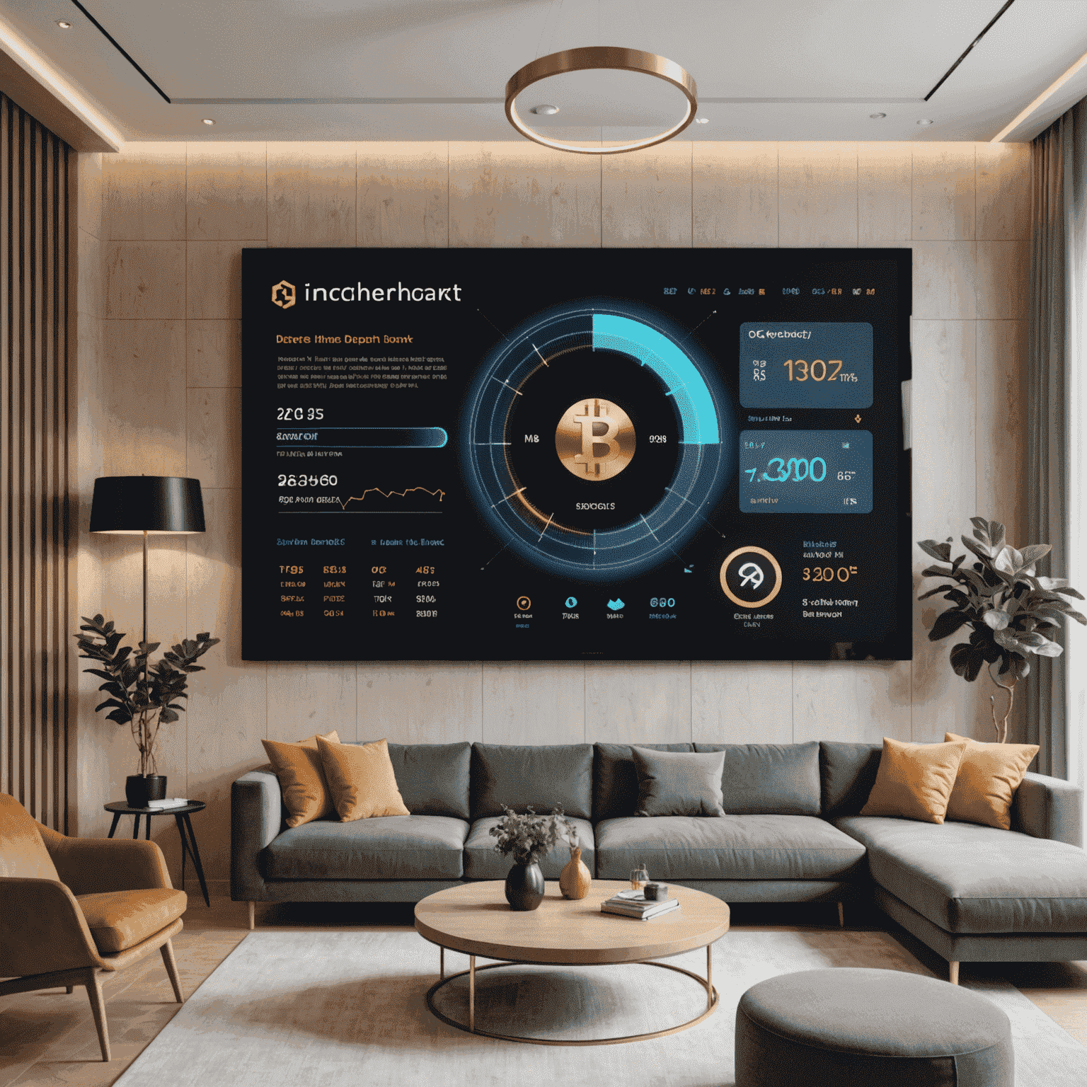 A high-tech living room with integrated smart home devices, touchscreen panels, and a centralized control system displaying real-time cryptocurrency market data on a large wall-mounted screen.